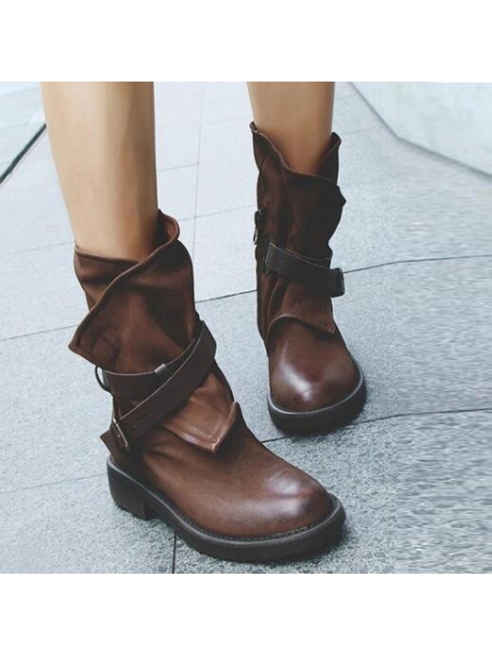 FASHION MEDIUM MILITARY BOOTS WOMEN BUCKLE ARTIFICIAL LEATHER PATCHWORK SHOES