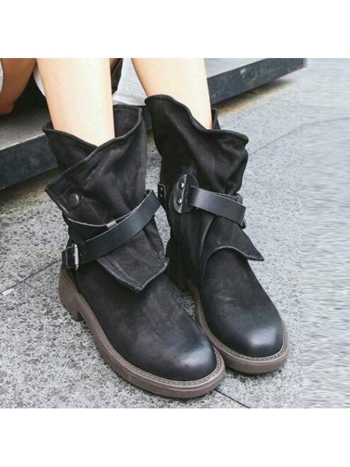 FASHION MEDIUM MILITARY BOOTS WOMEN BUCKLE ARTIFICIAL LEATHER PATCHWORK SHOES