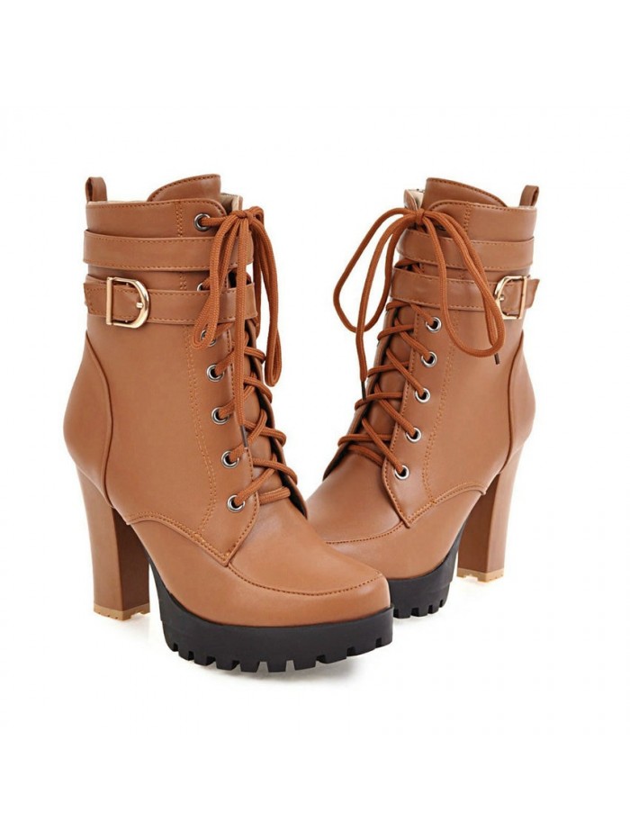 Women Fashion Boots Lace Up Square High Heel Round Toe Pu Leather High Quality Women Ankle Boots
