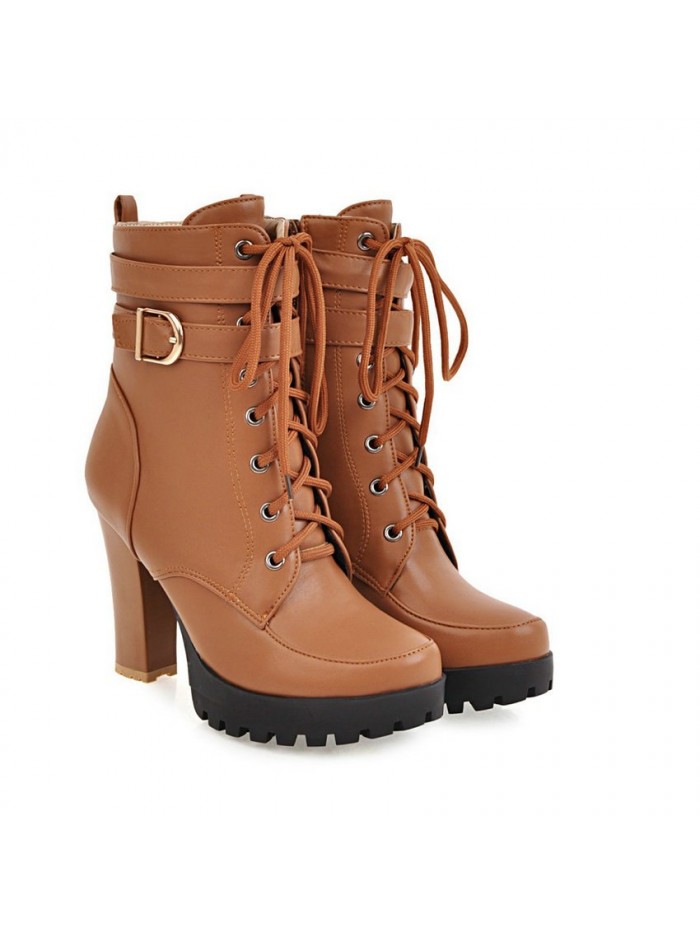 Women Fashion Boots Lace Up Square High Heel Round Toe Pu Leather High Quality Women Ankle Boots
